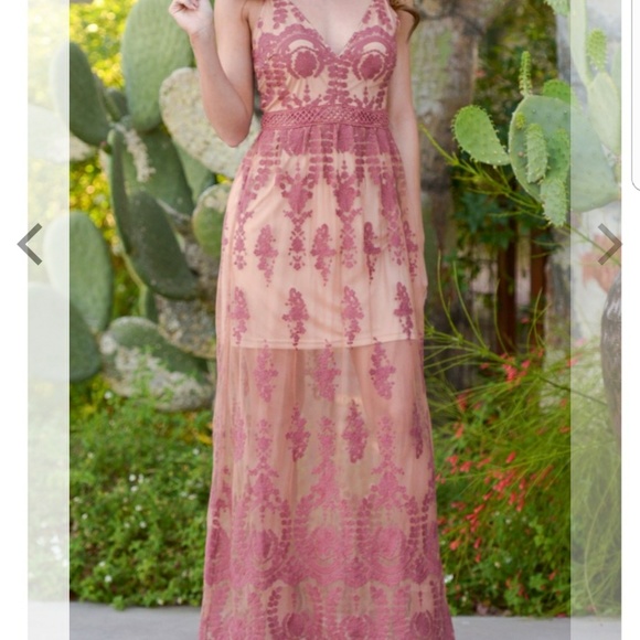 New Gorgeous Maroon Burgundy Beige Long Maxi Dress Lace Overlay - Picture 2 of 3